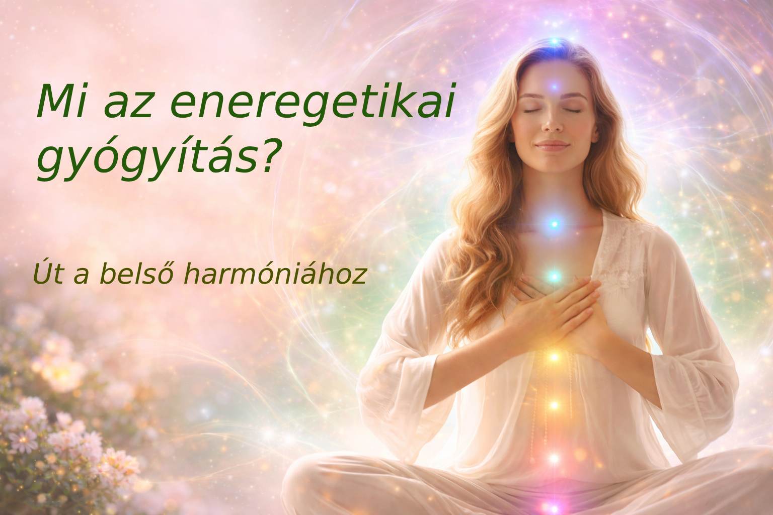 Meditáló nő ragyogó csakrákkal, energetikai gyógyítás és belső harmónia